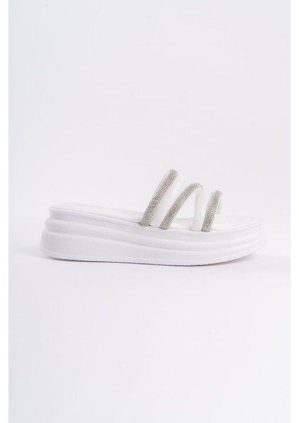 Elıse Düz Topuklu Şeritli Taşlı Kalın ve Ortopedik Taban Kadın Terlik Cbt - Beyaz indirimleri