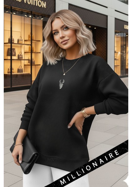 Kadın Siyah Geometrik Geyik Baskılı Kalın Soft 3 Iplik Şardonlu 0 Sıfır Yaka Oversize Salaş Sweat
