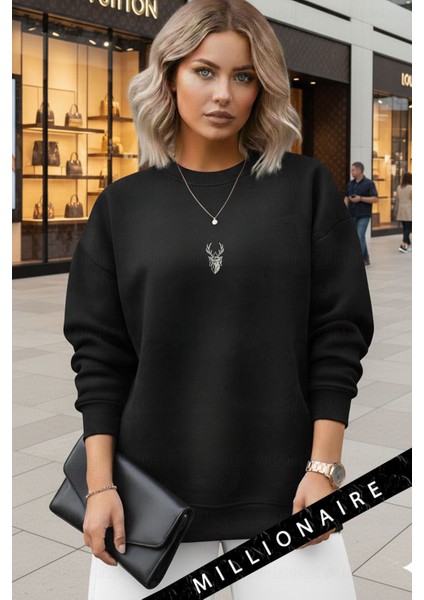 Kadın Siyah Geometrik Geyik Baskılı Kalın Soft 3 Iplik Şardonlu 0 Sıfır Yaka Oversize Salaş Sweat fiyatları