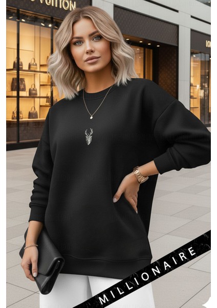 Kadın Siyah Geometrik Geyik Baskılı Kalın Soft 3 Iplik Şardonlu 0 Sıfır Yaka Oversize Salaş Sweat modelleri