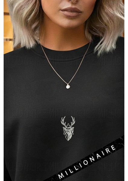 Kadın Siyah Geometrik Geyik Baskılı Kalın Soft 3 Iplik Şardonlu 0 Sıfır Yaka Oversize Salaş Sweat fırsatları