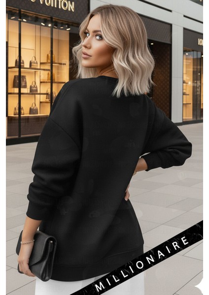 Kadın Siyah Geometrik Geyik Baskılı Kalın Soft 3 Iplik Şardonlu 0 Sıfır Yaka Oversize Salaş Sweat indirimleri