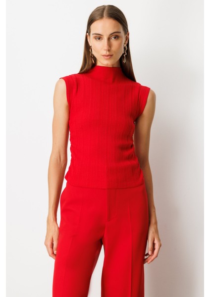 Kadın Yanları Büzgülü Kolsuz Triko Kazak 65355 Kırmızı