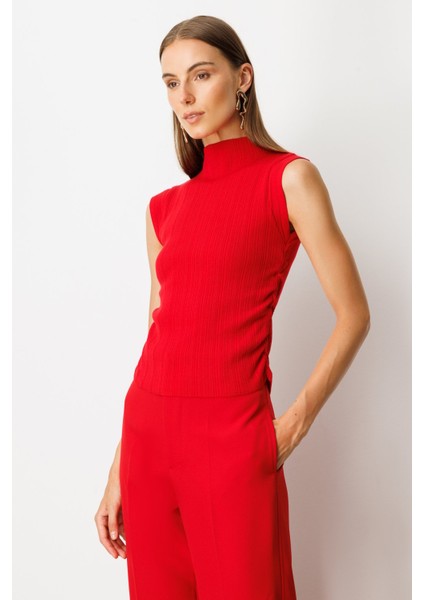 Kadın Yanları Büzgülü Kolsuz Triko Kazak 65355 Kırmızı fiyatları