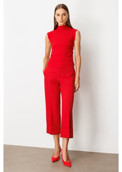 Kadın Yanları Büzgülü Kolsuz Triko Kazak 65355 Kırmızı modelleri