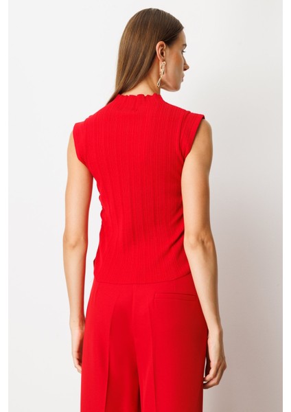 Kadın Yanları Büzgülü Kolsuz Triko Kazak 65355 Kırmızı fırsatları