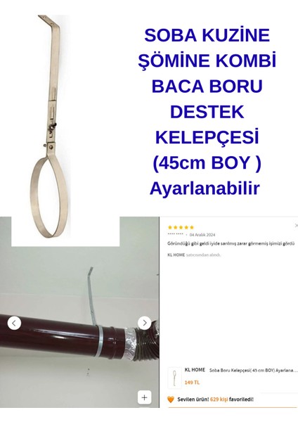 1 ad - soba kuzine şömine kombi baca boru destek kelepçesi ( 40cm boy )