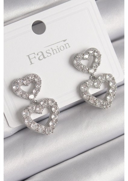 Bfs Pirinç Gümüş Renk Zirkon Taşlı Sallantı Kalp Model Kadın Küpe