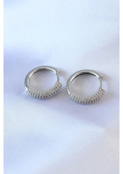 Gümüş Renk Zirkon Taşlı Halka Model Pirinç Kadın Küpe - TJ-BKP7525