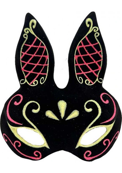 Siyah Renk Kırmızı Gold Simli Siyah Süet Kaplama Tavşan Maskesi 18x16 cm