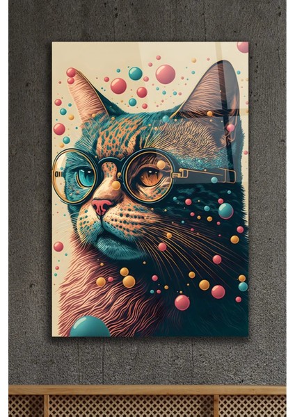Gözlüklü Kedi Renkli Baloncuk Temalı Dekoratif Cam Tablo