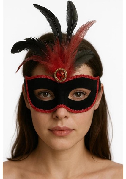 Bfs kırmızı Dantelli Siyah Kırmızı Tüylü Siyah Süet Kaplama Parti Maskesi 17X25 cm fırsatları