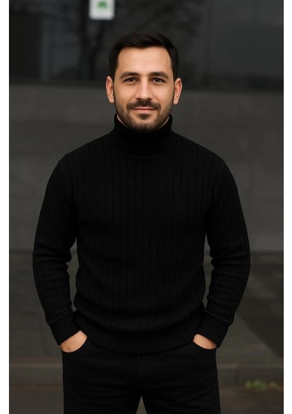 Erkek Balıkcı Yaka Bağazlı Triko Kazak Pamuklu Kalın Fitilli Dokuma, Regular Fit Uzun Kollu Kışlık Model - Siyah modelleri