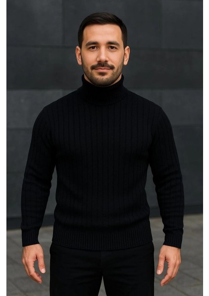 Erkek Balıkcı Yaka Bağazlı Triko Kazak Pamuklu Kalın Fitilli Dokuma, Regular Fit Uzun Kollu Kışlık Model - Siyah fırsatları