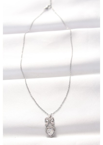 Bfs 316L Çelik Silver Renk Zirkon Taşlı Kalpli Fiyonk Kolye fiyatları