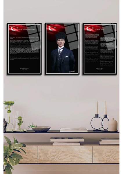 Makam Atatürk Portresi Istiklal Marşı ve Gençliğe Hitabe 3 Lü Set Cam Tablo