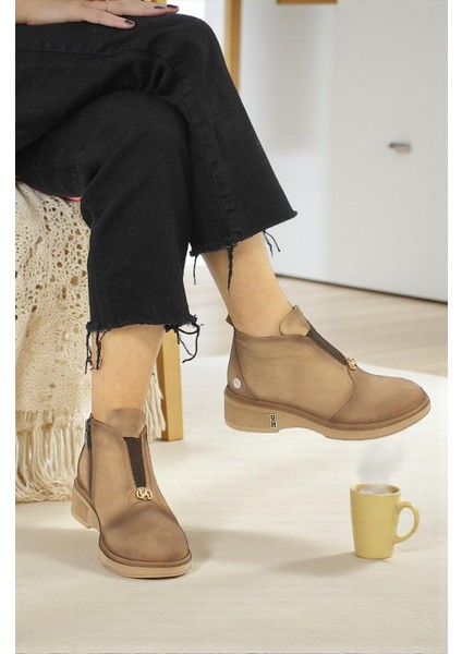 D25KB-8085 Bej Hakiki Deri Tam Ortopedik Günlük Kadın Bot