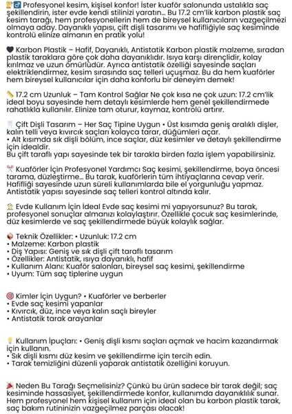 Karbon Plastik Saç Kesim Tarağı – 17.2 Cm, Kuaför ve Kişisel Kullanıma Uygun 722298 fırsatları