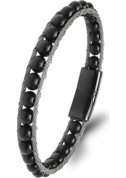 Oniks Doğaltaş ve Çelik Halat Örme Bileklik 9592B2DH1