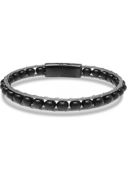 Oniks Doğaltaş ve Çelik Halat Örme Bileklik 9592B2DH1