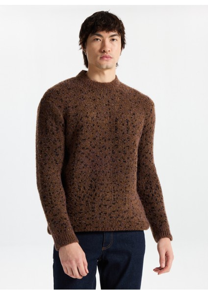 Bisiklet Yaka Loose Fit Düz Kahve Erkek Kazak M5WM-KZK1557