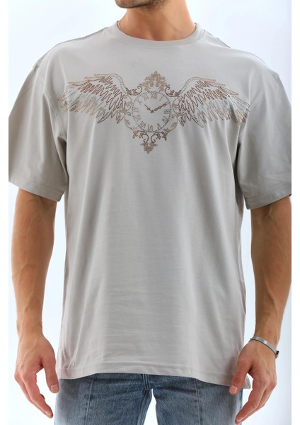 Unisex Oversize Taşlı Bisiklet Yaka T-Shirt - Gri