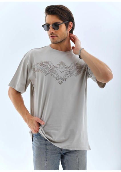 Unisex Oversize Taşlı Bisiklet Yaka T-Shirt - Gri modelleri