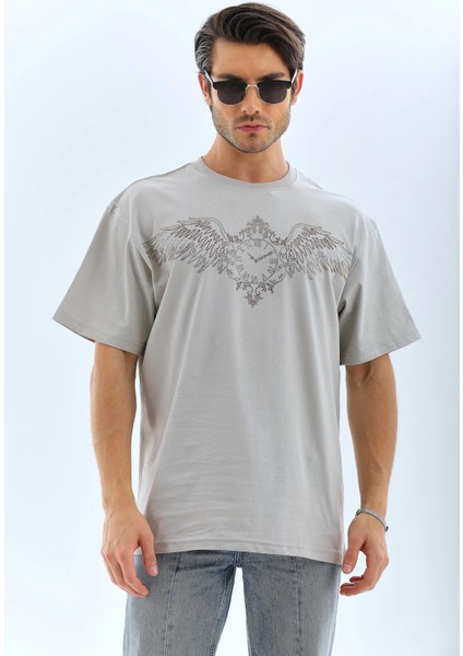 Unisex Oversize Taşlı Bisiklet Yaka T-Shirt - Gri