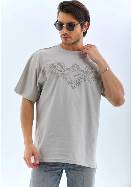 Unisex Oversize Taşlı Bisiklet Yaka T-Shirt - Gri