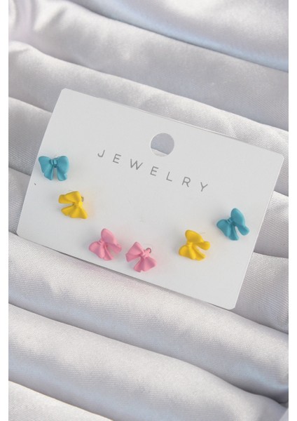 Hediye Takı için Kadın Seti Küpe Alaca Pirinç Mineli Minik Fiyonklu