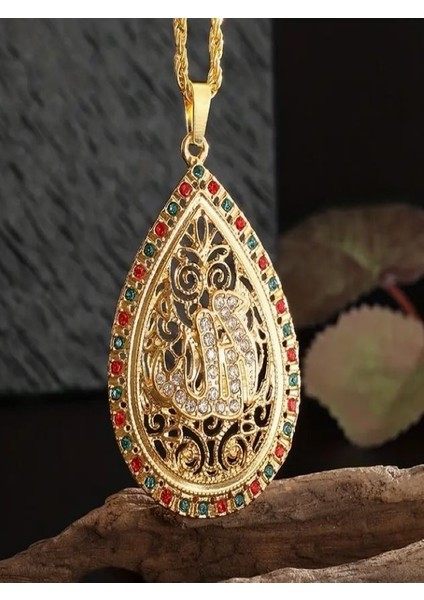 Renkli Taşlı Allah Yazılı Su Damlası KOLYE-14K Altın Kaplama