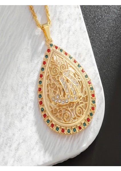 Renkli Taşlı Allah Yazılı Su Damlası KOLYE-14K Altın Kaplama fiyatları