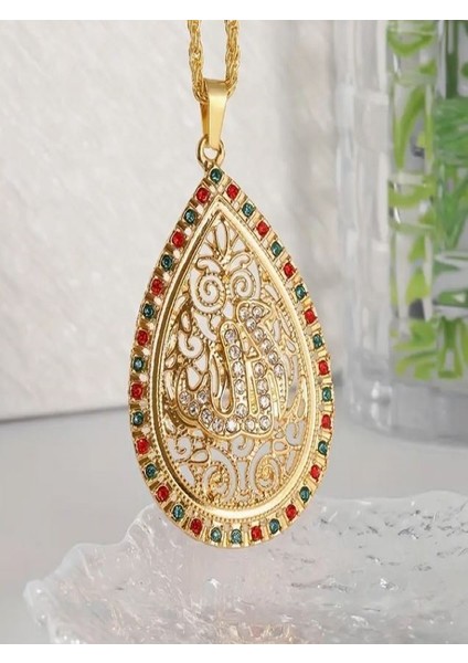 Renkli Taşlı Allah Yazılı Su Damlası KOLYE-14K Altın Kaplama modelleri