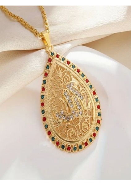 Renkli Taşlı Allah Yazılı Su Damlası KOLYE-14K Altın Kaplama fırsatları
