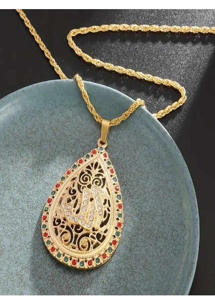 Renkli Taşlı Allah Yazılı Su Damlası KOLYE-14K Altın Kaplama indirimleri