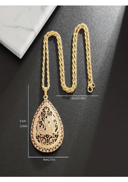 Renkli Taşlı Allah Yazılı Su Damlası KOLYE-14K Altın Kaplama