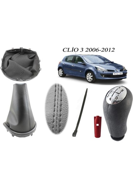 Renault Clio 3 Vites Körüğü+Vites Topuzu Siyah Dikiş + Deri Topuz Krom Kapak