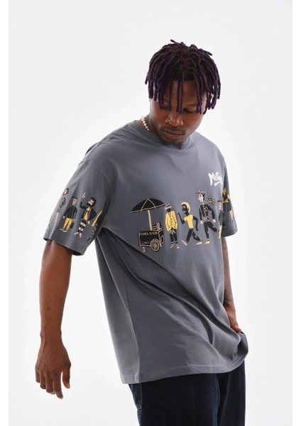 Unisex Bisiklet Yaka Baskılı Oversize T-Shirt - Gri modelleri