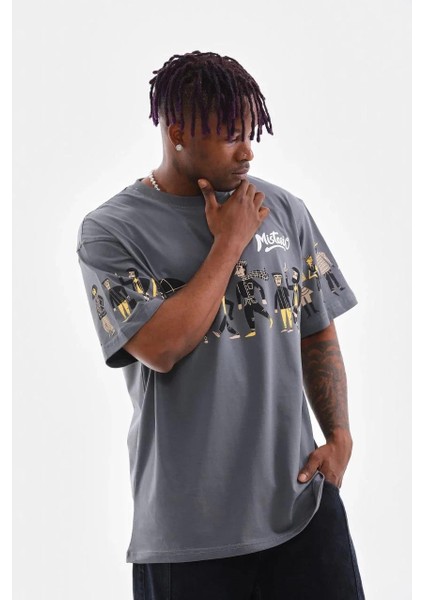 Unisex Bisiklet Yaka Baskılı Oversize T-Shirt - Gri fırsatları