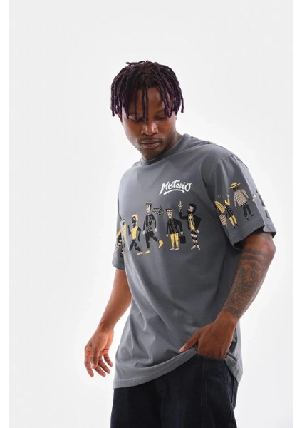 Unisex Bisiklet Yaka Baskılı Oversize T-Shirt - Gri indirimleri