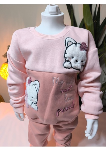 Kız Çocuk Peluş Detaylı Kabartmalı Kalın Takım Cepli %100 Pamuk
