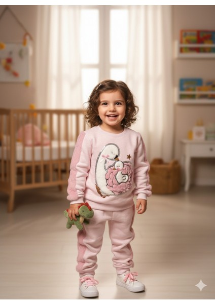 Kız Çocuk Peluş Detaylı Kabartmalı Kalın Takım Cepli %100 Pamuk