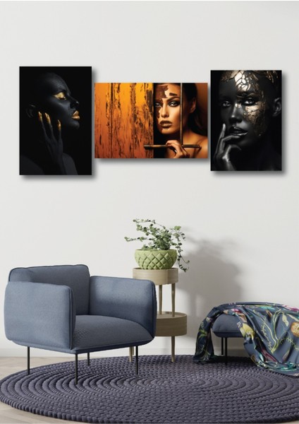 Glam Noir Işıltının Güzelliği Dekoratif 3'lü Mdf Tablo