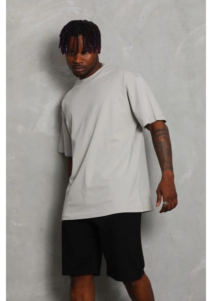 Unisex Oversize Düz Bisiklet Yaka T-Shirt - Gri modelleri