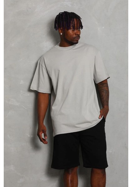 Unisex Oversize Düz Bisiklet Yaka T-Shirt - Gri fırsatları