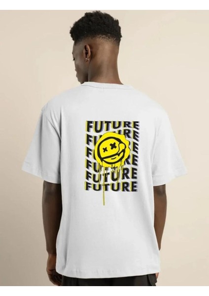 Unisex Bisiklet Yaka Baskılı Oversize T-Shirt - Beyaz modelleri