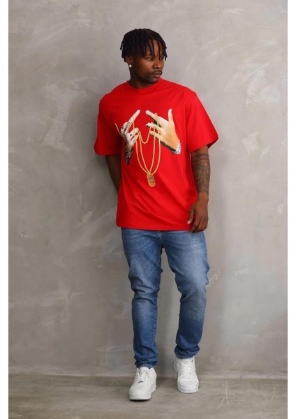 Unisex Baskılı Oversize T-Shirt - Kırmızı fırsatları