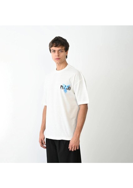 Unisex Bisiklet Yaka Baskılı Oversize T-Shirt - Beyaz modelleri