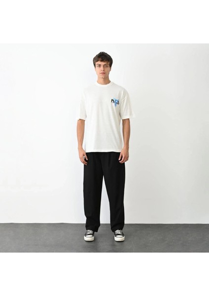 Unisex Bisiklet Yaka Baskılı Oversize T-Shirt - Beyaz fırsatları