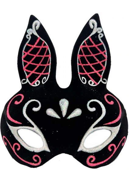 Siyah Renk Kırmızı Beyaz Simli Siyah Süet Kaplama Tavşan Maskesi 18x16 Cm